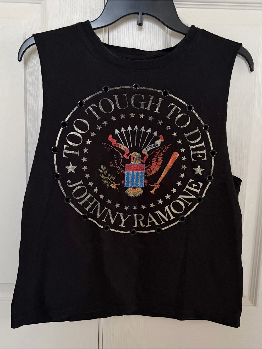 Johnny Ramone Black Sleeveless Graphic Tank Top - 'Too Tough To Die'